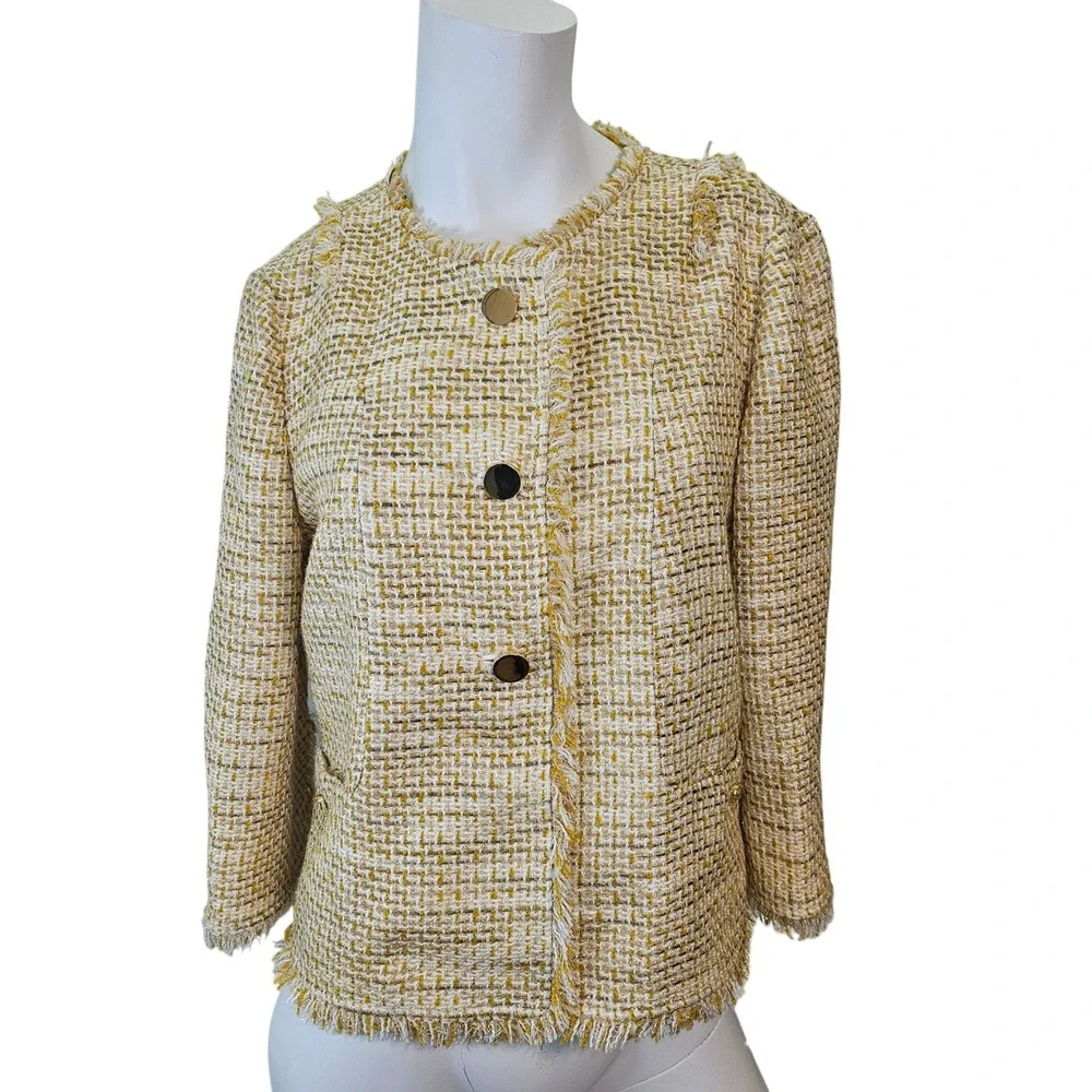 Tory Burch Emma Women Tweed Jacket  Beige Yellow Waist Length Gold Details Sz 12